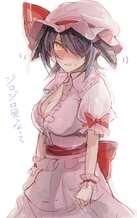 1girl alternate_costume black_hair blush bow breasts cleavage commentary_request cowboy_shot dress eyepatch hat hat_ribbon headgear kantai_collection large_breasts looking_at_viewer mob_cap nazuka_(mikkamisaki) nose_blush pink_dress puffy_short_sleeves puffy_sleeves red_bow red_ribbon remilia_scarlet remilia_scarlet_(cosplay) ribbon sash short_hair short_sleeves solo sweat tenryuu_(kantai_collection) touhou translation_request wrist_cuffs yellow_eyes