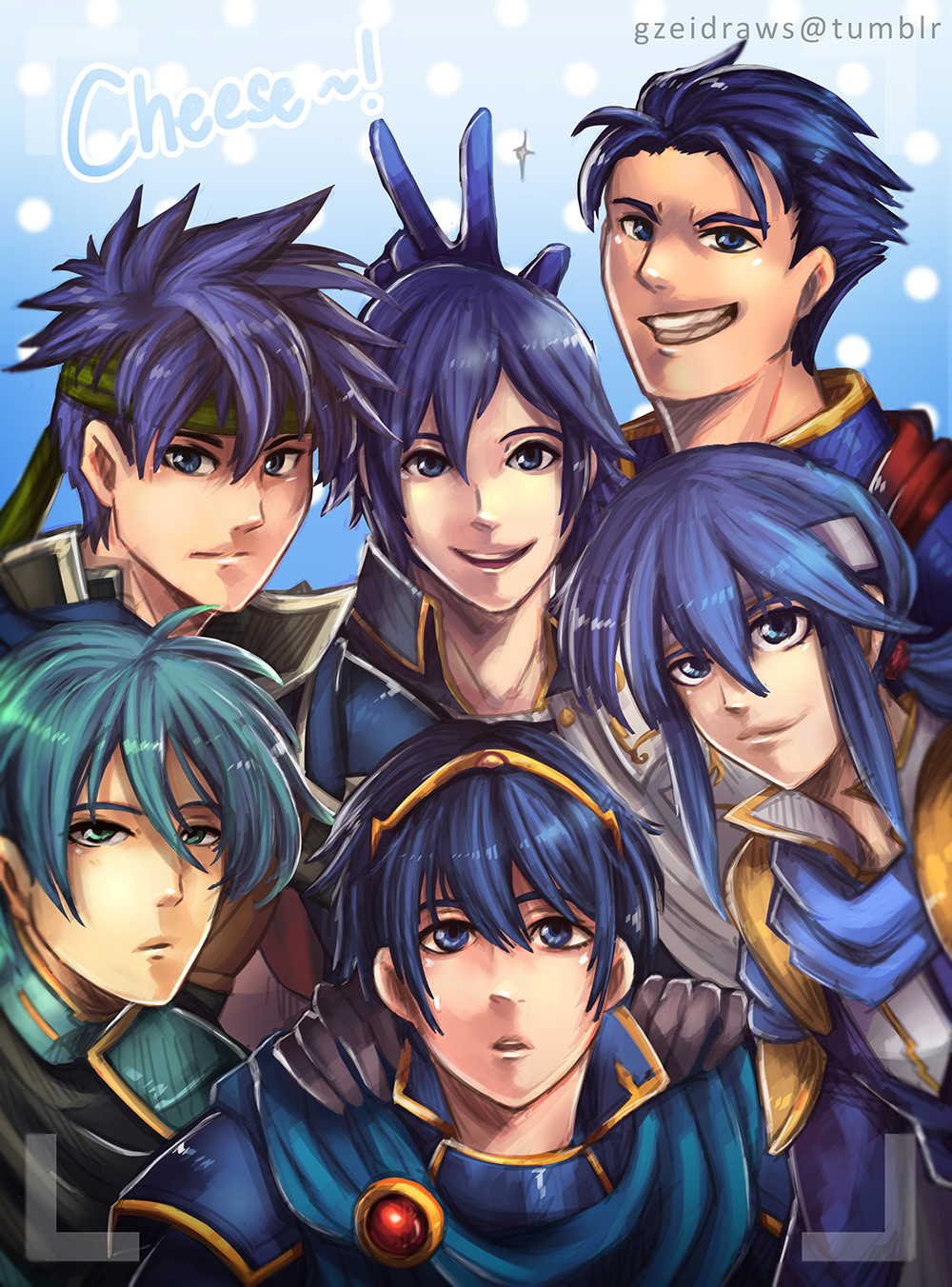 6+boys :d :o aqua_eyes aqua_hair armor artist_name bangs black_gloves blue blue_background blue_eyes blue_hair blue_scarf cape celice_(fire_emblem) closed_mouth collarbone color_connection commentary english ephraim expressionless fire_emblem fire_emblem:_akatsuki_no_megami fire_emblem:_ankoku_ryuu_to_hikari_no_tsurugi fire_emblem:_kakusei fire_emblem:_mystery_of_the_emblem fire_emblem:_rekka_no_ken fire_emblem:_seima_no_kouseki fire_emblem:_seisen_no_keifu fire_emblem:_shin_ankoku_ryuu_to_hikari_no_tsurugi fire_emblem:_shin_monshou_no_nazo fire_emblem:_souen_no_kiseki gem gloves gzei hair_between_eyes hands_on_another's_shoulders headband hector_(fire_emblem) highres ike krom lips looking_at_viewer male_focus marth multiple_boys open_mouth round_teeth ruby_(stone) scarf short_hair simple_background smile spaulders spiky_hair sweatdrop teeth tiara twitter_username upper_body v watermark wing_collar