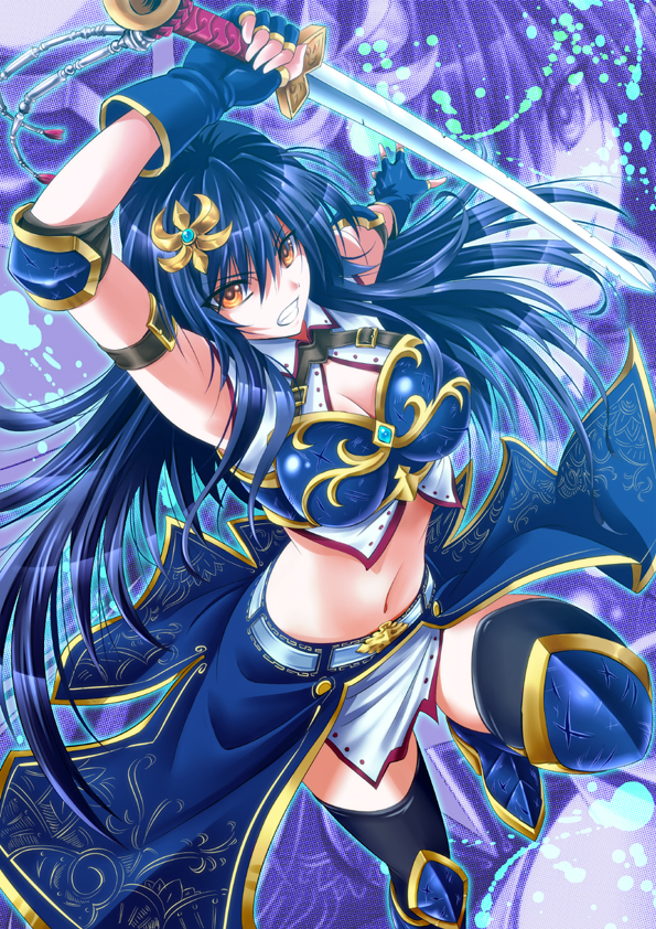 1girl arm_strap bare_shoulders black_legwear blue_gloves blue_hair boots breastplate breasts cleavage clenched_teeth commentary_request elbow_pads fingerless_gloves gloves hair_between_eyes hair_ornament hairpin hijikawa_arashi knee_boots knee_up long_hair looking_at_viewer navel official_art orange_eyes original solo sword teeth thigh-highs weapon