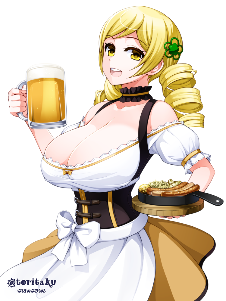 1girl :d beer_mug blonde_hair breasts cleavage dirndl drill_hair german_clothes huge_breasts long_hair looking_at_viewer mahou_shoujo_madoka_magica open_mouth simple_background smile solo tomoe_mami torigoe_takumi twin_drills white_background