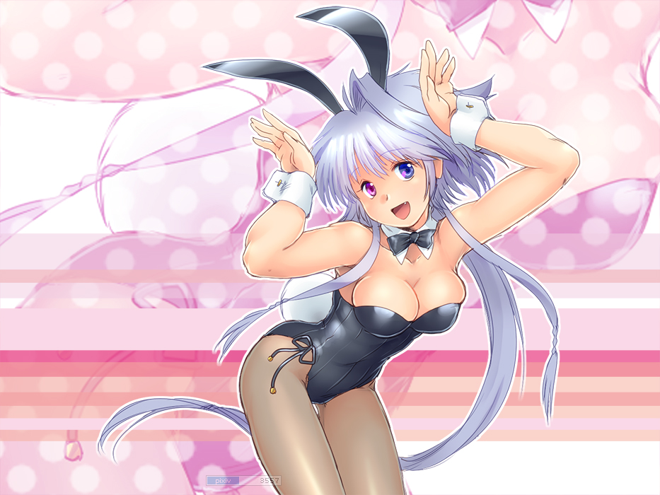 1girl :d animal_ears arms_up bangs blue_eyes bow bowtie breasts bunny_pose bunny_tail bunnysuit cleavage cowboy_shot detached_collar fang heterochromia lavolpe_(yagisaka_seto) leaning_forward long_hair looking_at_viewer open_mouth original outline pantyhose pink_background rabbit_ears sheer_legwear silver_hair smile solo tail thigh_gap very_long_hair violet_eyes wrist_cuffs yagisaka_seto zoom_layer