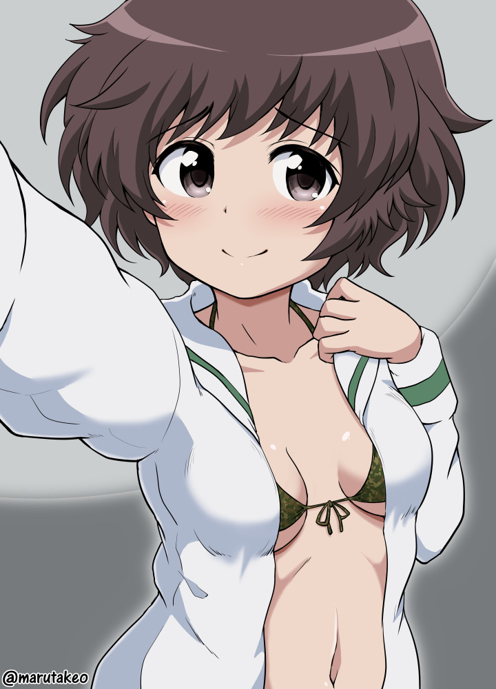 1girl akiyama_yukari artist_name bra brown_eyes brown_hair camouflage camouflage_bra closed_mouth collarbone eyebrows eyebrows_visible_through_hair eyelashes foreshortening front-hook_bra girls_und_panzer green_ribbon hand_on_own_chest long_sleeves looking_at_viewer marutakeo open_clothes open_shirt outstretched_arm ribbon self_shot shirt simple_background small_breasts smile solo tareme two-tone_background underwear upper_body white_shirt wing_collar