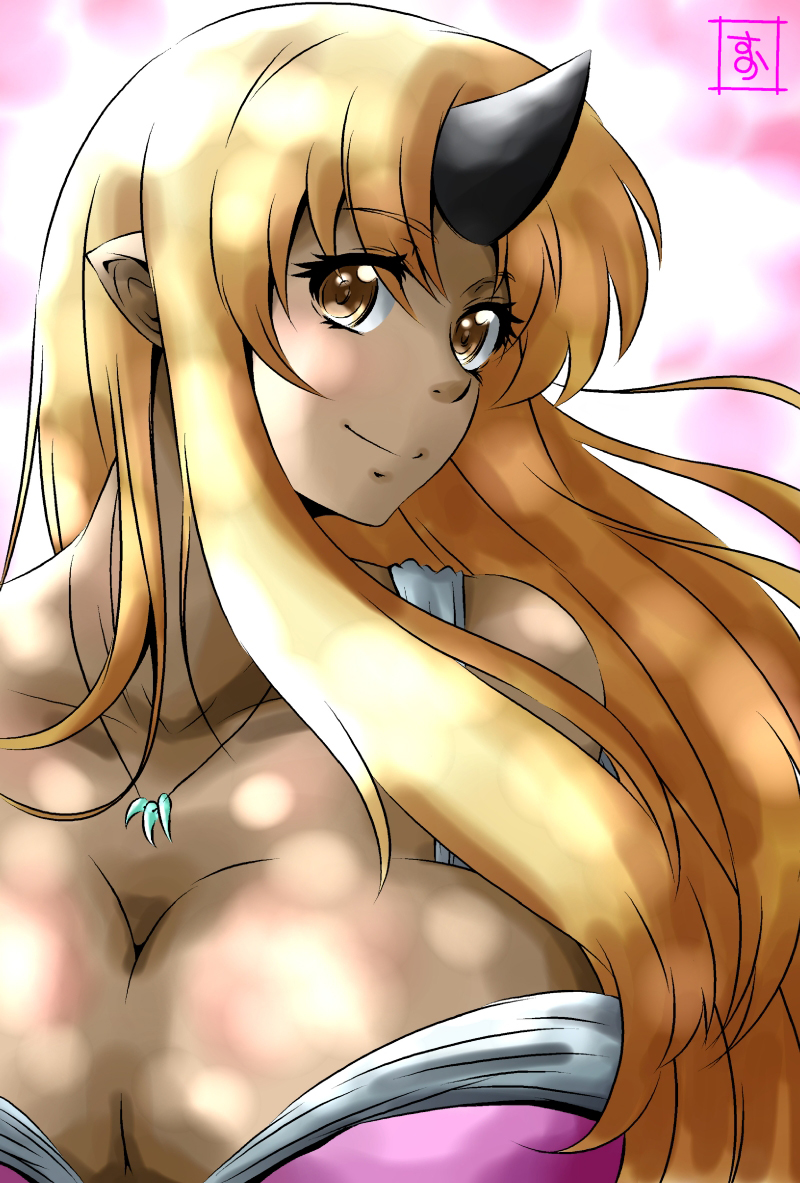 1girl blonde_hair breasts cleavage dark_skin eyebrows eyebrows_visible_through_hair horn jewelry long_hair looking_at_viewer monster_musume_no_iru_nichijou necklace ogre pointy_ears s-now signature smile solo tionishia upper_body yellow_eyes