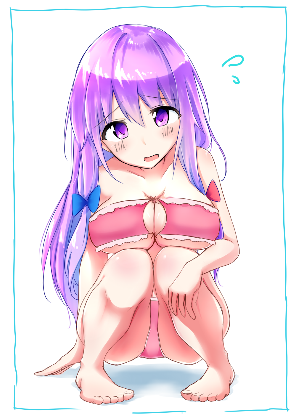 1girl alternate_costume arm_support bent_knees bikini blue_ribbon breasts cleavage_cutout hair_between_eyes hair_ribbon highres long_hair looking_at_viewer nanabe off_shoulder open_mouth patchouli_knowledge purple_bikini purple_hair red_ribbon ribbon solo swimsuit thighs touhou tress_ribbon under_boob violet_eyes