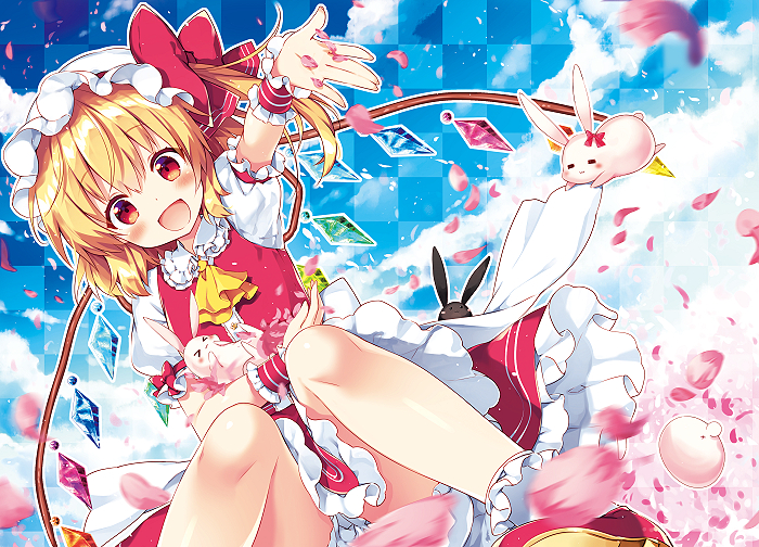 &gt;_&lt; 1girl =_= ascot blonde_hair blush bobby_socks closed_eyes flandre_scarlet frilled_skirt frills hat hat_ribbon looking_at_viewer mob_cap open_mouth petals puffy_short_sleeves puffy_sleeves rabbit red_eyes red_shoes red_skirt ribbon riichu shoes short_sleeves sitting skirt smile socks solo touhou white_legwear wings wrist_cuffs