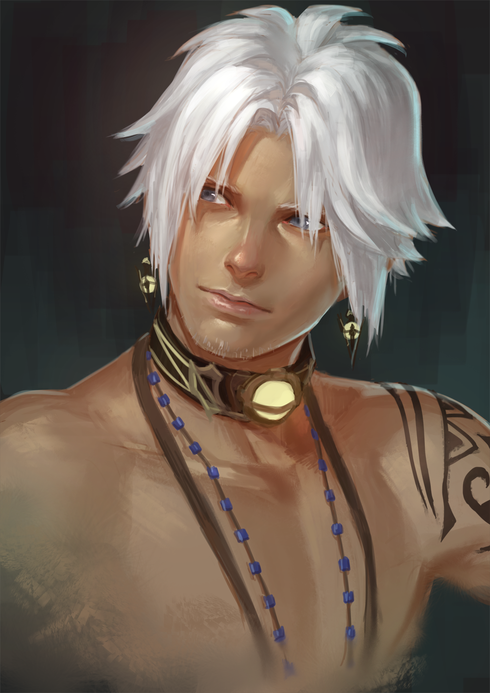 1boy blue_eyes collar dark_skin earrings facial_hair final_fantasy final_fantasy_xiv highres hyur jewelry looking_to_the_side male_focus shirtless skyfiss solo stubble tattoo upper_body white_hair