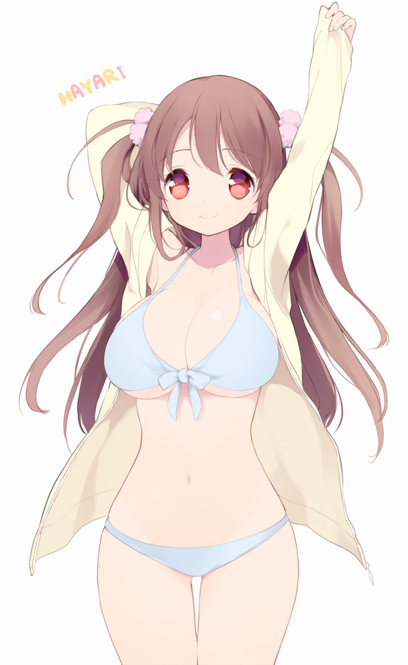 1girl arms_up bangs bikini blue_bikini blush breasts brown_hair character_name closed_mouth cowboy_shot eyebrows eyebrows_visible_through_hair front-tie_bikini front-tie_top hair_ornament highres itsumi_(itumiyuo) jacket jacket_over_swimsuit large_breasts long_hair long_sleeves looking_at_viewer mizuhara_hayari navel pom_pom_(clothes) red_eyes saki simple_background sleeves_past_wrists smile solo stomach swimsuit thigh_gap under_boob white_background
