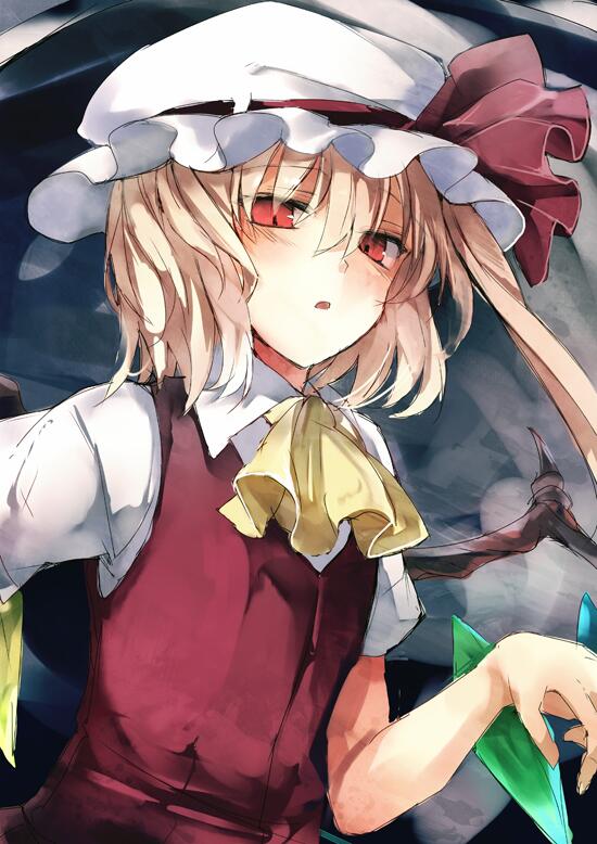 1girl ascot blonde_hair blush commentary_request crystal flandre_scarlet hat hat_ribbon looking_at_viewer mob_cap nazuka_(mikkamisaki) open_mouth puffy_short_sleeves puffy_sleeves red_eyes red_vest ribbon short_hair_with_long_locks short_sleeves side_ponytail solo tareme touhou upper_body wings