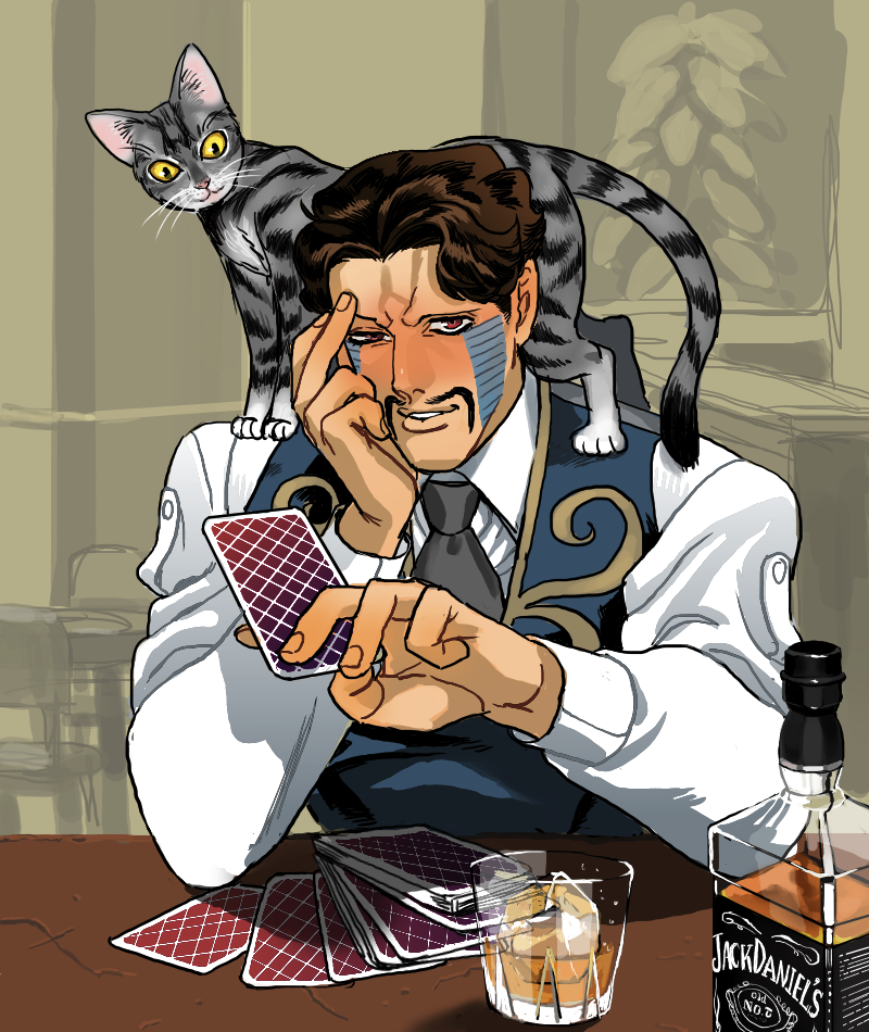 1boy alcohol animal animal_on_shoulder blush brown_hair card cat cat_on_shoulder chair daniel_d'arby drink facial_hair facial_mark glass head_rest holding holding_card jack_daniel's jojo_no_kimyou_na_bouken maitake_(cbe08253) male_focus mustache necktie orange_eyes playing_card shadow smile solo table tattoo upper_body vest whiskey