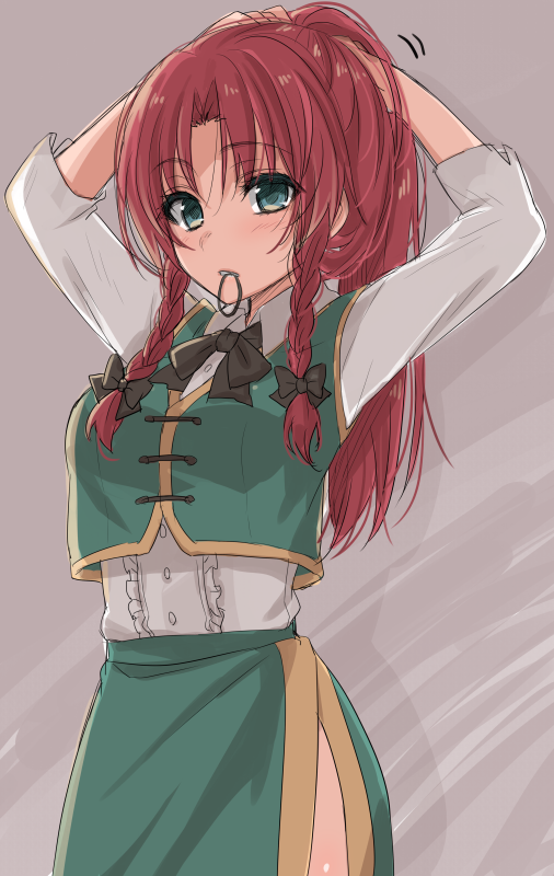 1girl adjusting_hair alternate_hairstyle arms_up asa_(coco) bangs black_bow black_bowtie blush bow bowtie braid breasts buttons center_frills chinese_clothes clenched_teeth cowboy_shot eyelashes frilled green_eyes green_skirt green_vest hong_meiling long_sleeves looking_afar motion_lines mouth_hold parted_bangs parted_lips ponytail redhead shirt side_slit skirt skirt_set solo standing teeth thighs touhou twin_braids tying_hair white_shirt