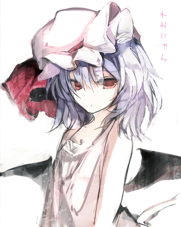 1girl alternate_costume bare_shoulders bat_wings collarbone commentary_request dress hat hat_ribbon lavender_hair looking_at_viewer mob_cap nazuka_(mikkamisaki) red_eyes red_ribbon remilia_scarlet ribbon sleeveless sleeveless_dress solo sundress touhou upper_body white_dress wings