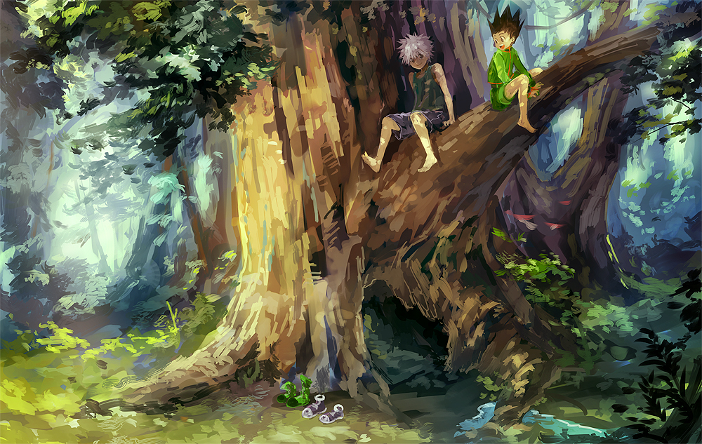 2boys :d arm_support arms_at_sides barefoot between_legs black_eyes black_hair boots boots_removed closed_mouth eyebrows eyebrows_visible_through_hair forest gon_freecss grass green_boots green_shorts hand_between_legs hunter_x_hunter in_tree killua_zoldyck long_sleeves looking_at_another looking_at_viewer looking_back male_focus multiple_boys nature nuriko-kun open_mouth outdoors shade shoes_removed shorts silver_hair sitting sleeveless smile tank_top traditional_media tree water
