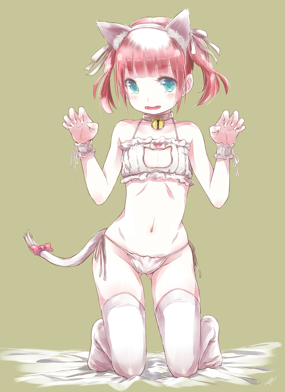 1girl animal_ears bell bell_choker bra cat_cutout cat_ears cat_lingerie cat_tail choker claw_pose cleavage_cutout frilled_bra frills green_eyes highres kowiru original panties redhead short_hair side-tie_panties solo tail thigh-highs underwear underwear_only white_bra