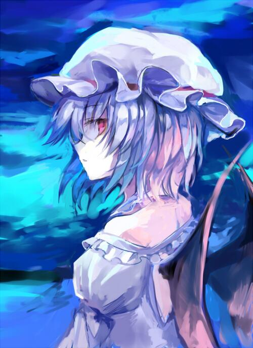1girl bare_shoulders bat_wings commentary_request dress hat hat_ribbon juliet_sleeves lavender_hair long_sleeves looking_at_viewer mob_cap nazuka_(mikkamisaki) off-shoulder_dress off_shoulder profile puffy_sleeves red_eyes red_ribbon remilia_scarlet ribbon short_hair solo touhou upper_body white_dress wings