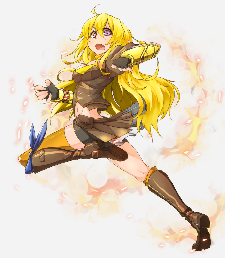 &gt;:o 1girl :o bike_shorts blonde_hair boots bracer breasts cleavage fire knee_boots long_hair looking_at_viewer looking_back miniskirt navel running rwby ryota_tentei single_thighhigh skirt solo thigh-highs toned violet_eyes wavy_hair yang_xiao_long