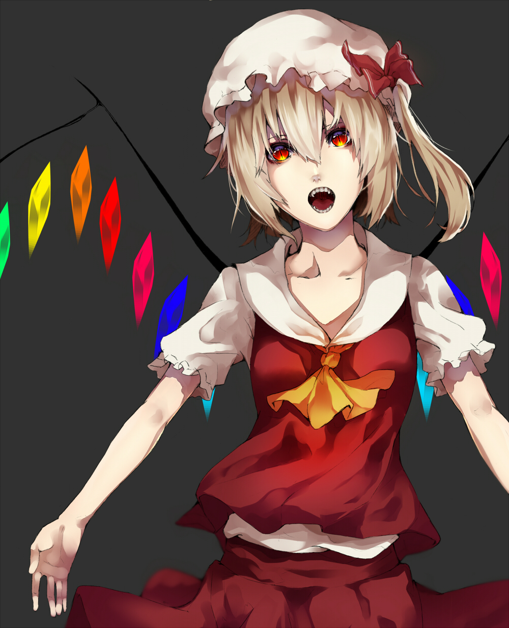 1girl ascot blonde_hair collaboration collarbone fangs flandre_scarlet grey_background hat hat_ribbon highres looking_at_viewer mob_cap open_mouth puffy_short_sleeves puffy_sleeves red_eyes ribbon senshuu_kou shirt short_sleeves side_ponytail skirt skirt_set solo touhou vest wings