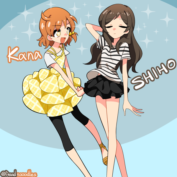 2girls black_hair blue_background character_name closed_eyes deadnooodles dress hair_ornament idolmaster idolmaster_million_live! kitazawa_shiho leggings long_hair multiple_girls orange_eyes orange_hair pose sandals shirt shirt_lift short_hair simple_background star yabuki_kana