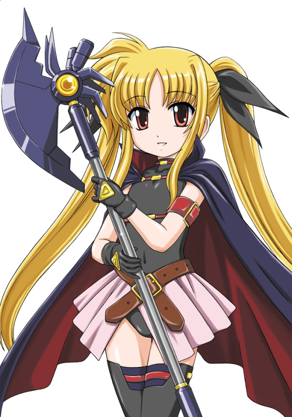 1girl bangs bardiche belt black_gloves blonde_hair cape cowboy_shot fate_testarossa gloves hair_ribbon long_hair looking_at_viewer low-tied_long_hair lyrical_nanoha magical_girl mahou_shoujo_lyrical_nanoha mahou_shoujo_lyrical_nanoha_the_movie_1st multiple_girls parted_lips pleated_skirt red_eyes ribbon skirt smile solo standing thigh-highs twintails very_long_hair wanyan_aguda white_background