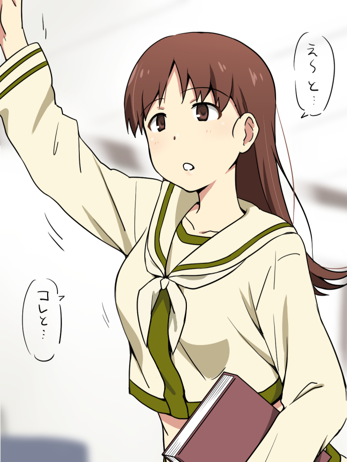 1girl :o arm_up beige beige_shirt blush book breasts brown_eyes brown_hair collarbone expressionless eyebrows eyebrows_visible_through_hair holding holding_book ikari_manatsu kantai_collection long_hair long_sleeves motion_lines neckerchief ooi_(kantai_collection) open_mouth outstretched_arm remodel_(kantai_collection) sailor_collar school_uniform serafuku shirt solo speech_bubble talking text translated