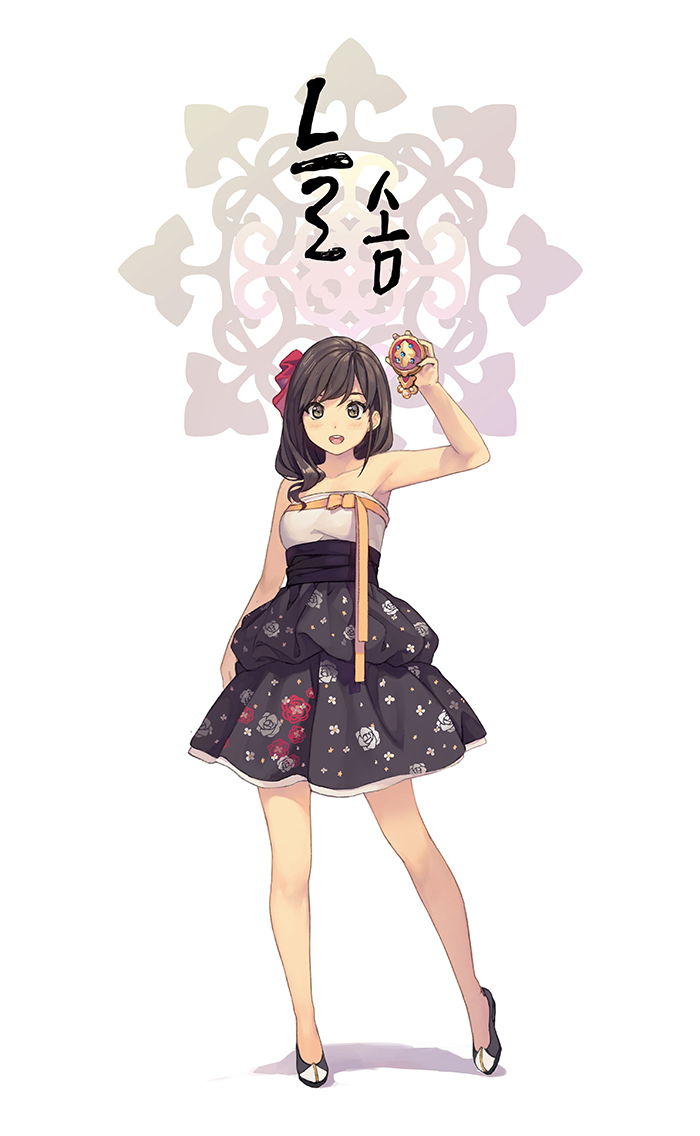 1girl amulet arm_up armpits bare_shoulders black_hair brown_eyes collarbone dress floral_print full_body hair_ribbon korean long_hair looking_at_viewer open_mouth original ribbon simple_background slippers solo standing strapless strapless_dress translation_request white_background yohan12