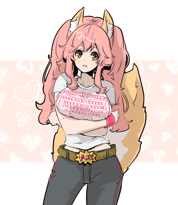 1girl animal_ears belt blush breast_hold breasts caster_(fate/extra) casual clothes_writing fate/extra fate/grand_order fate_(series) fox_ears fox_tail kurusu_piyo long_hair midriff open_mouth pants pink_hair shirt simple_background solo t-shirt tail white_background wristband yellow_eyes