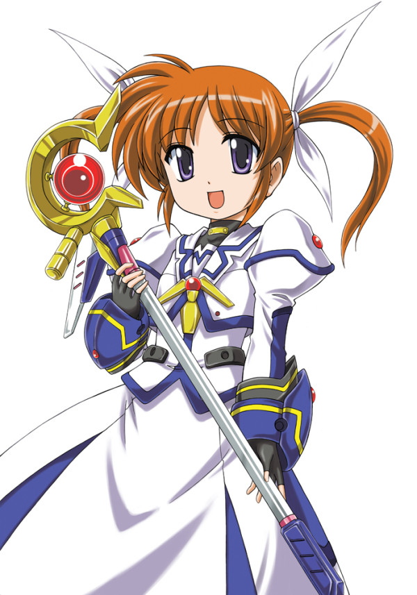 1girl armor armored_dress blue_eyes cowboy_shot dress fingerless_gloves gloves hair_ribbon holding jacket juliet_sleeves long_sleeves looking_at_viewer lyrical_nanoha magical_girl mahou_shoujo_lyrical_nanoha mahou_shoujo_lyrical_nanoha_the_movie_1st open_mouth puffy_sleeves raising_heart ribbon smile solo standing takamachi_nanoha twintails wanyan_aguda white_background white_dress