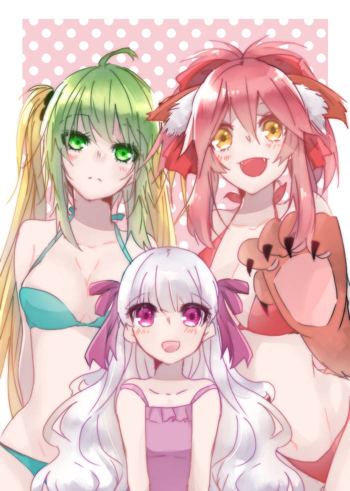 3girls :d ahoge animal_ears archer_of_red bikini blue_bikini blush bow breasts caster_(fate/extra) fang fate/apocrypha fate/extra fate/grand_order fate_(series) gloves gradient_hair green_eyes long_hair multicolored_hair multiple_girls nursery_rhyme_(fate/extra) one-piece_swimsuit open_mouth paw_gloves polka_dot polka_dot_background purple_swimsuit red_bikini red_bow redhead ribbon shari_(shari07) side_ribbon smile swimsuit tamamo_cat_(fate/grand_order) twintails two-tone_hair violet_eyes white_hair yellow_eyes