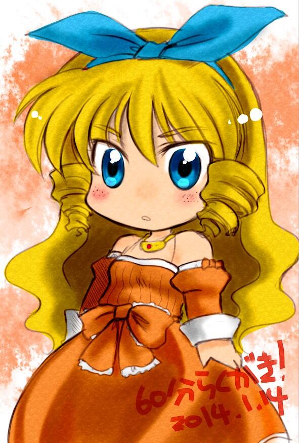 1girl artist_request blonde_hair bow breasts brown_eyes calamity_jane detached_sleeves dress drill_hair hair_ribbon hairband long_hair open_mouth orange_dress ribbon sidelocks solo source_request wild_arms wild_arms_1