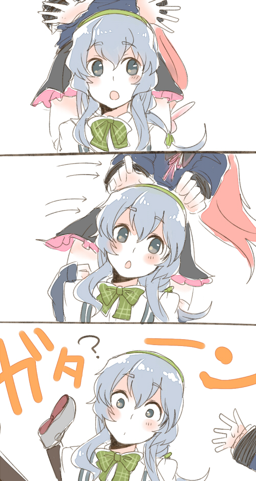 3girls 3koma :o ? black_legwear blush bow bowtie comic confused directional_arrow eyebrows eyebrows_visible_through_hair falling frills green_ribbon grey_eyes hairband itomugi-kun kantai_collection kisaragi_(kantai_collection) long_hair long_sleeves multiple_girls out_of_frame pink_hair pleated_skirt ribbon school_uniform serafuku shirt sidelocks silver_hair skirt suspenders uzuki_(kantai_collection) wavy_hair white_shirt yamagumo_(kantai_collection)