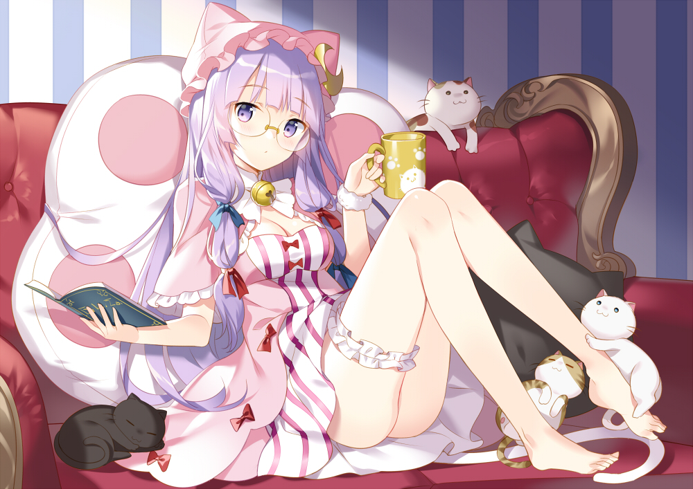 1girl adapted_costume animal_hat ass bangs bare_legs barefoot bell bespectacled black_cat book bow breasts capelet cat cat_tail cleavage couch crescent cup dress full_body glasses hair_bow hair_ribbon hat holding holding_book holding_cup jingle_bell kemonomimi_mode knees_up lavender_hair leg_garter legs long_hair looking_at_viewer mob_cap mug on_couch open_book patchouli_knowledge paw_print pillow red_bow ribbon rie_(reverie) short_dress single_wrist_cuff sitting solo striped striped_dress tail toes touhou tress_ribbon vertical-striped_dress vertical_stripes violet_eyes white_cat