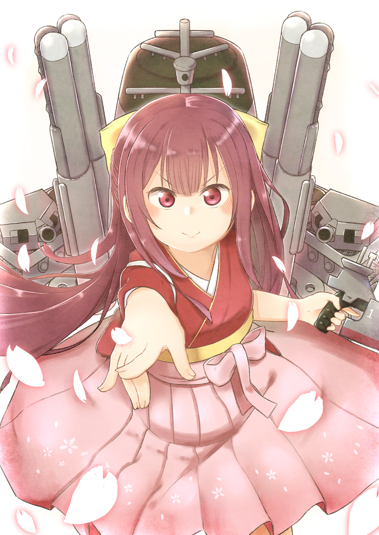 &gt;:) 1girl brown_hair cherry_blossoms japanese_clothes kamikaze_(kantai_collection) kantai_collection koppa_mijinko_(series2023) long_hair machinery meiji_schoolgirl_uniform petals pointing pointing_at_viewer pose red_eyes solo