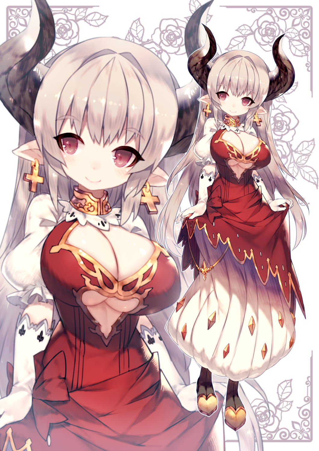 1girl alicia_(granblue_fantasy) blush breasts center_opening cleavage cleavage_cutout cross cross_earrings dress earrings gloves granblue_fantasy highres horns huge_breasts jewelry large_breasts long_hair looking_at_viewer mamuru pointy_ears red_eyes silver_hair smile solo under_boob white_gloves