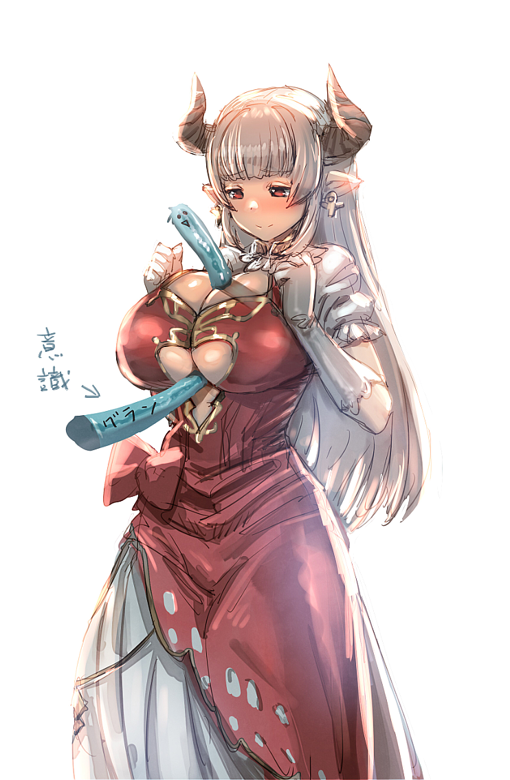 1girl alicia_(granblue_fantasy) between_breasts bow_(bhp) breasts center_opening cleavage earrings granblue_fantasy horns jewelry large_breasts looking_down pointy_ears red_eyes simple_background solo translation_request under_boob venus_earrings venus_symbol white_background