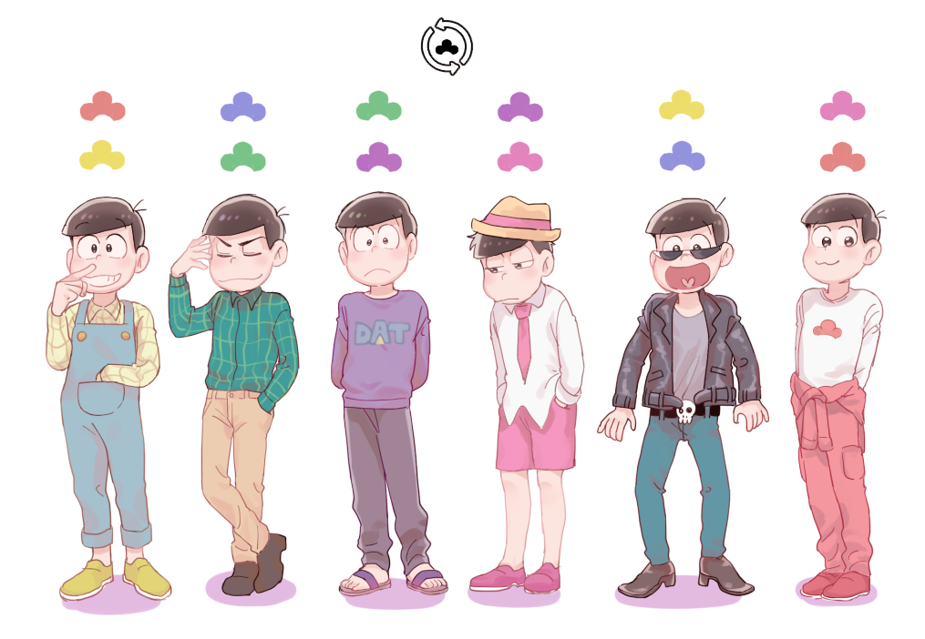 6+boys :&lt; :3 arms_behind_back belt bowl_cut brothers brown_hair clothes_around_waist cosplay costume_switch denim hand_in_pocket hands_in_pockets hat heart heart_in_mouth jacket jeans jumpsuit leather leather_jacket lineup long_sleeves looking_down male_focus matsuno_choromatsu matsuno_choromatsu_(cosplay) matsuno_ichimatsu matsuno_ichimatsu_(cosplay) matsuno_juushimatsu matsuno_juushimatsu_(cosplay) matsuno_karamatsu matsuno_karamatsu_(cosplay) matsuno_osomatsu matsuno_osomatsu_(cosplay) matsuno_todomatsu matsuno_todomatsu_(cosplay) messy_hair multiple_boys necktie osomatsu-kun osomatsu-san overalls pants pink_necktie pink_shorts plaid plaid_shirt porkpie_hat pose saju sandals sextuplets shirt shorts siblings sleeves_rolled_up smile sunglasses sweatshirt tied_sleeves
