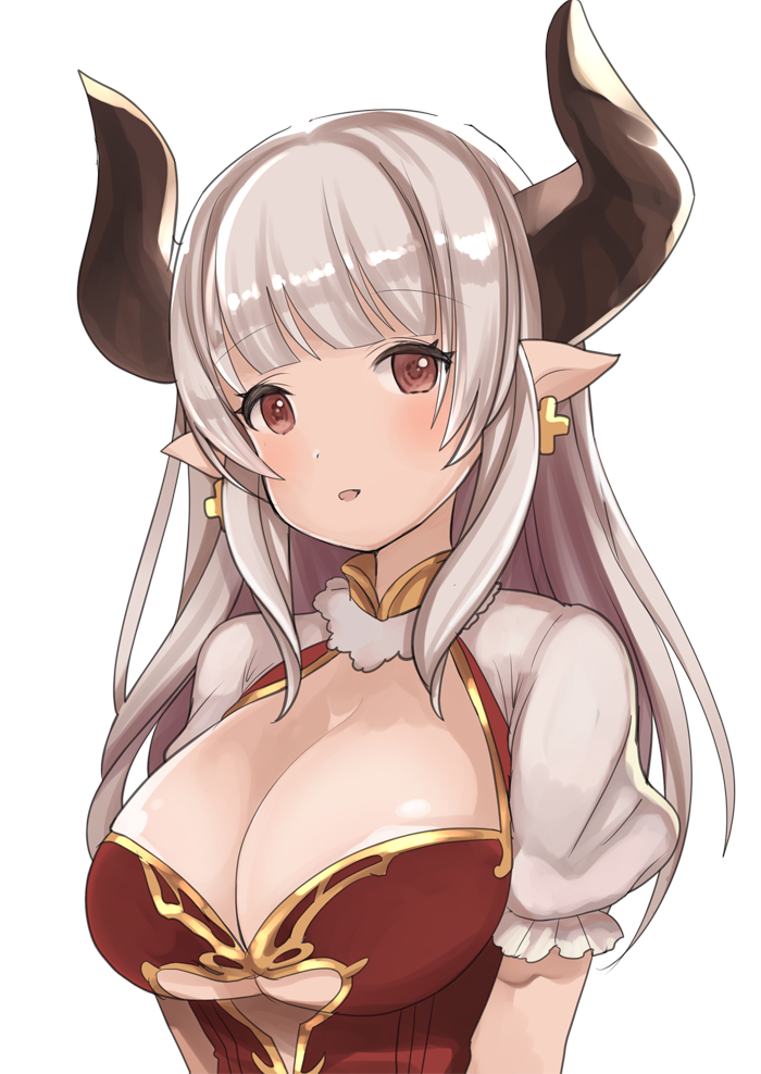 1girl alicia_(granblue_fantasy) amripo bangs blonde_hair blunt_bangs blush breasts center_opening cleavage cross cross_earrings earrings eyebrows eyebrows_visible_through_hair eyelashes fur_trim granblue_fantasy grey_background horns jewelry large_breasts long_hair looking_at_viewer open_mouth pointy_ears puffy_short_sleeves puffy_sleeves red_eyes short_sleeves silver_hair simple_background smile solo under_boob upper_body