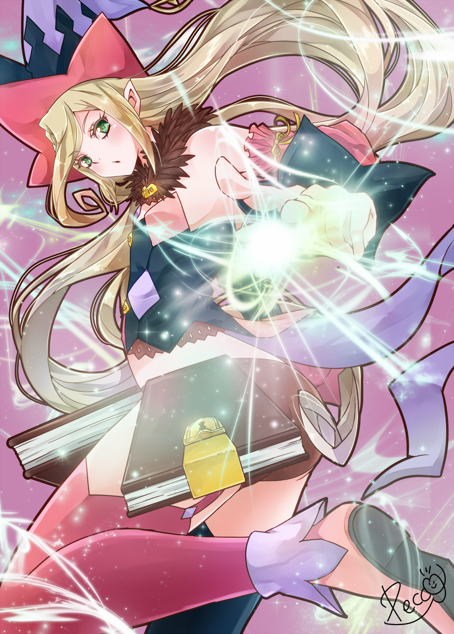 1girl blonde_hair book green_eyes hat highres long_hair looking_at_viewer magic magilou_(tales) pecco_(pecco297) pink_legwear pointy_ears purple_background short_shorts shorts signature solo tales_of_(series) tales_of_berseria thigh-highs