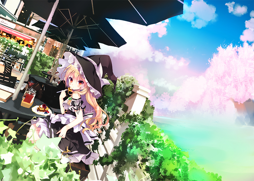 1girl apron black_dress blonde_hair blue_sky blush bow braid cafe cake cherry_blossoms clouds commentary_request dress dutch_angle eating food fork frilled_dress frills hat hat_bow kirisame_marisa long_hair looking_at_viewer outdoors pastry plate puffy_sleeves red_eyes shiwasu_horio short_sleeves side_braid sitting sky solo table touhou tree umbrella waist_apron water witch_hat