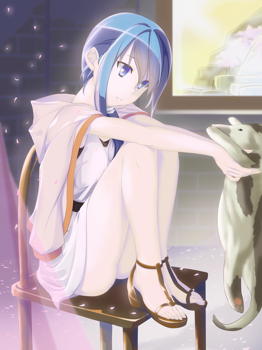 1girl animal bare_legs blue_eyes blue_hair chair clothes_on_shoulders eye_contact hai_to_gensou_no_grimgar hair_over_shoulder highres holding_animal hood hoodie kakari knees_up long_hair looking_at_another low_ponytail merry_(grimgar) parted_lips petals sandals sidelocks sitting smile solo tunic