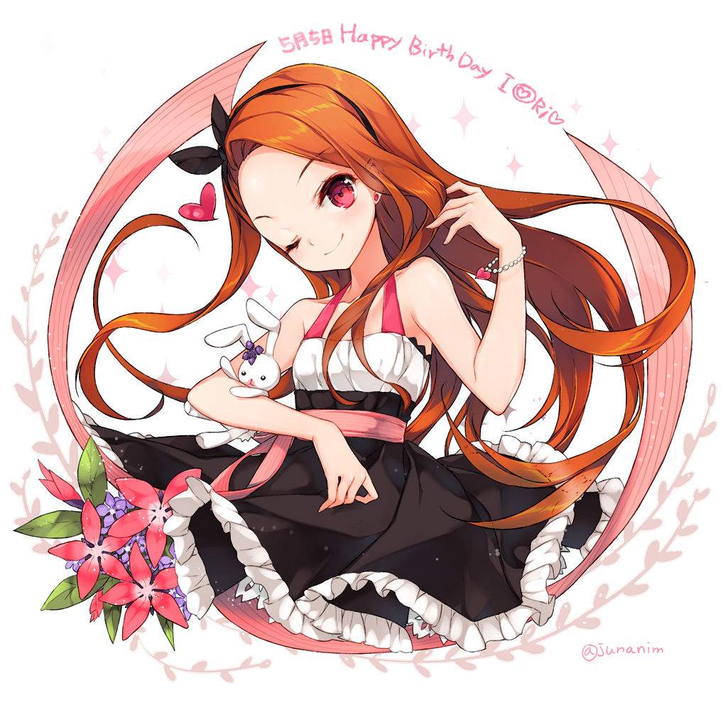 1girl ;) arm_up artist_name bare_arms bare_shoulders black_dress black_ribbon character_name closed_mouth collarbone dress ear_studs ear_visible_through_hair earrings eyebrows eyebrows_visible_through_hair hair_ribbon hairband happy_birthday head_tilt holding idolmaster jewelry juna leaf long_hair looking_at_viewer minase_iori necklace one_eye_closed orange_hair pearl_necklace red_eyes red_flower ribbon sash sleeveless sleeveless_dress smile solo sparkle stuffed_animal stuffed_bunny stuffed_toy upper_body very_long_hair