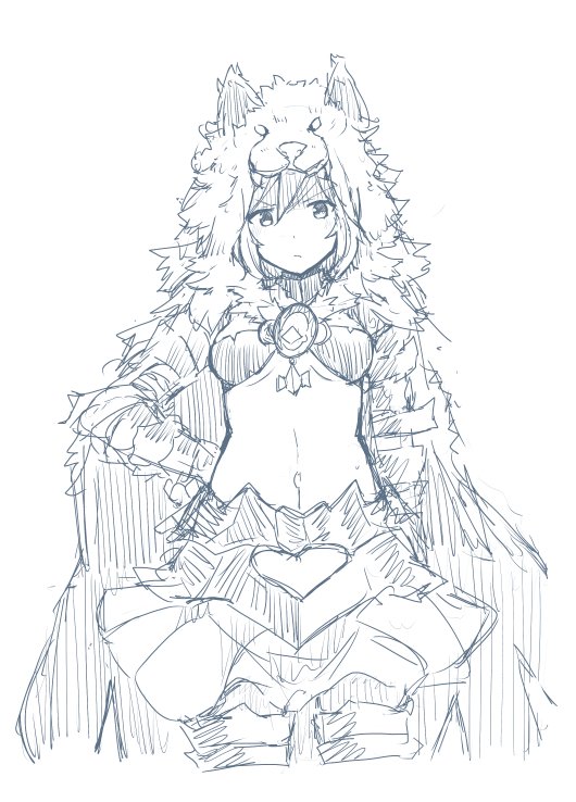 1girl armor bandeau bangs berserker_(granblue_fantasy) boots breasts brooch cloak commentary_request cowboy_shot cutout djeeta_(granblue_fantasy) eyebrows eyebrows_visible_through_hair frown gauntlets granblue_fantasy greaves greyscale hair_between_eyes hand_on_hip hood jewelry looking_at_viewer monochrome navel pelt short_hair sketch skirt solo stomach strapless thigh-highs thigh_boots under_boob vambraces white_background wk_(low-f) wolf