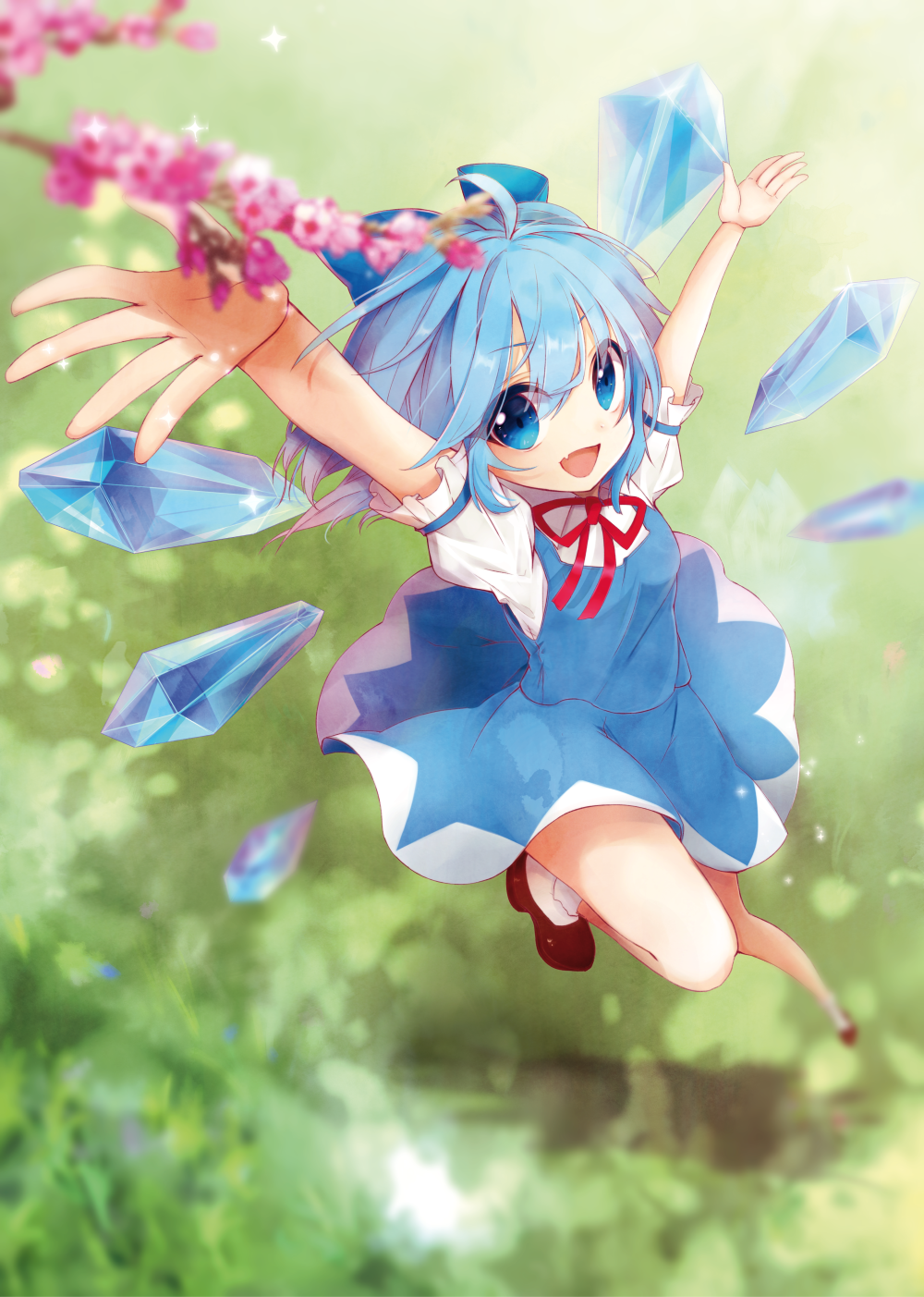 1girl :d ahoge arms_up bangs black_hair blue_bow blue_dress blue_eyes blue_hair blurry bow brown_shoes cirno depth_of_field dress eyebrows eyebrows_visible_through_hair fang flower foreshortening frilled_sleeves frills from_above full_body grass hair_between_eyes hair_bow highres ice ice_wings jumper looking_at_viewer natsuki_(ukiwakudasai) neck_ribbon open_mouth outdoors palms plant red_ribbon ribbon shade shirt shoes short_hair short_sleeves smile socks solo touhou white_legwear white_shirt wings