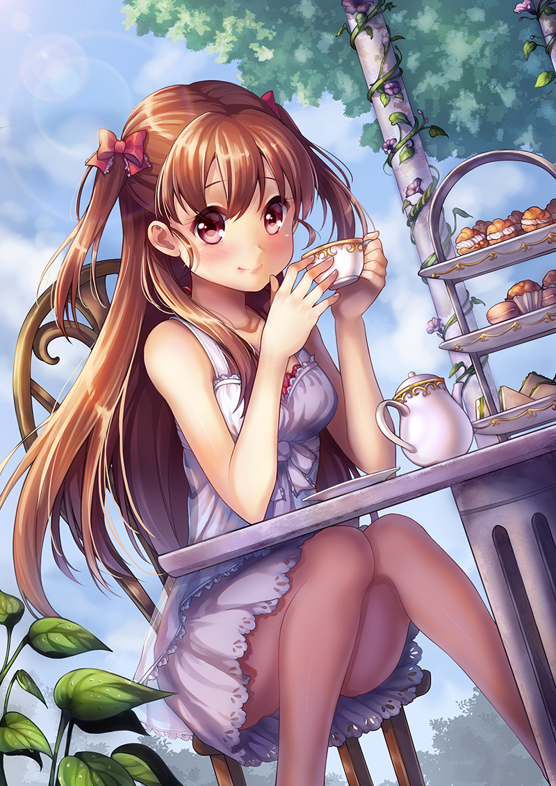 1girl blush bow breasts brown_hair chair closed_mouth collarbone cream_puff cup cupcake dress dutch_angle elbows_on_table hair_bow holding kawaii2penguin knees_together_feet_apart lens_flare long_hair macaron original outdoors plant red_bow red_eyes sandwich saucer sitting smile solo sundress teacup teapot tree two_side_up vines white_dress