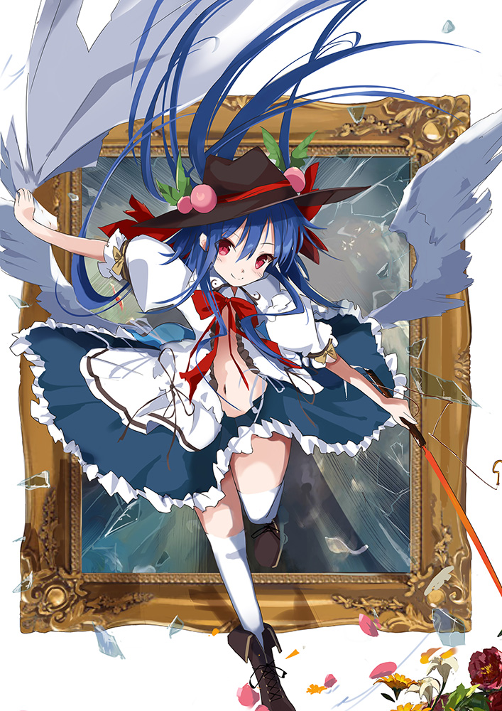 1girl bangs black_boots black_hat blue_hair blue_skirt blush boots bow broken_glass closed_mouth cross-laced_footwear feathered_wings floating_hair flower food frame frills fruit glass hair_between_eyes hat hat_ribbon hinanawi_tenshi holding holding_weapon lace-up_boots leaf lily_(flower) long_hair loose_clothes low_wings navel open_clothes open_shirt outstretched_arms over-kneehighs peach puffy_short_sleeves puffy_sleeves red_bow red_eyes red_flower ribbon shards shirt short_sleeves skirt smile solo standing_on_one_leg sword_of_hisou tetsurou_(fe+) thigh-highs touhou white_background white_flower white_legwear white_shirt white_wings wings yellow_flower