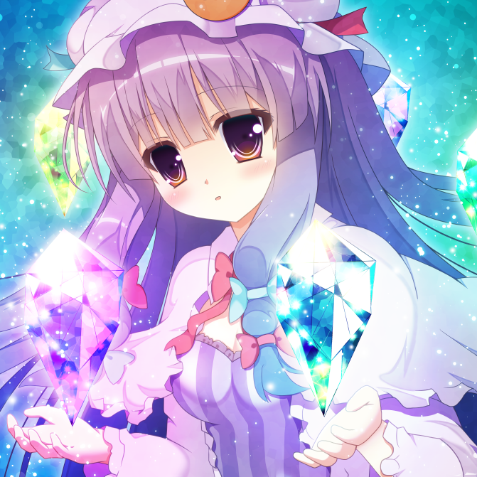 15_(tooka) 1girl blush bow capelet hat hat_bow long_hair mob_cap open_mouth patchouli_knowledge philosopher's_stone purple_hair solo touhou violet_eyes