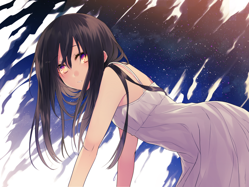 1girl :/ achiki all_fours black_hair dress looking_at_viewer multicolored_eyes original parted_lips sa7 solo sundress violet_eyes white_dress yellow_eyes