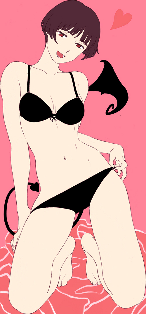 1girl :d bangs bare_legs barefoot black_bra black_panties black_wings blunt_bangs bob_cut bra breasts brown_eyes brown_hair collarbone demon_tail demon_wings full_body gake_no_ue_no_ponyo head_tilt heart jas kneeling looking_at_viewer navel open_mouth panties pink_background red_eyes risa_(ponyo) short_hair single_wing smile solo tail underwear underwear_only wings