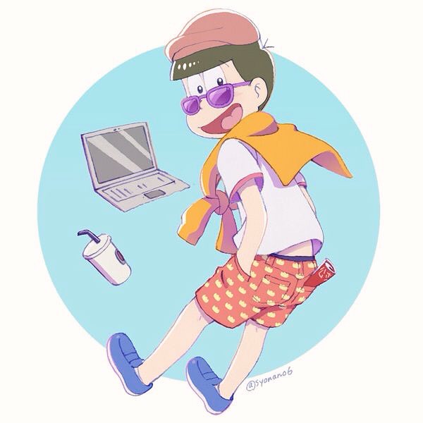 1boy beret brown_hair cardigan circle computer from_behind hands_in_pockets hat laptop male_focus matsuno_osomatsu osomatsu-kun osomatsu-san patterned patterned_clothing script shonano shorts smile soda_cup solo sunglasses twitter_username