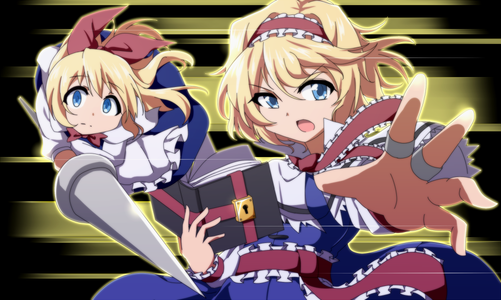 1girl alice_margatroid apron blue_dress blue_eyes bwell capelet dress grimoire_of_alice hair_ribbon hairband lance lolita_hairband looking_at_viewer open_mouth polearm puppet_rings ribbon sash shanghai_doll shirt touhou waist_apron weapon