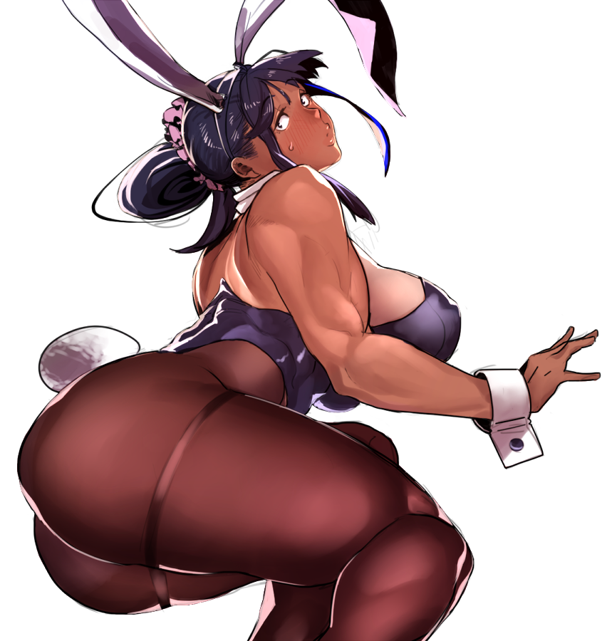 1girl animal_ears ass bare_shoulders blush breasts bunnysuit dark_skin gen'en_(sioherashi) huge_ass large_breasts leotard lips open_mouth pantyhose playboy_bunny_leotard ponytail purple_hair pursed_lips rabbit_ears short_hair sideboob simple_background solo thick_thighs thighs white_background