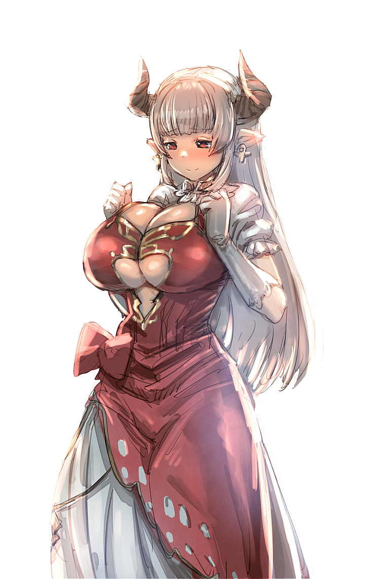 1girl alicia_(granblue_fantasy) bow_(bhp) breasts center_opening cleavage granblue_fantasy horns large_breasts pointy_ears red_eyes simple_background solo under_boob venus_earrings venus_symbol white_background
